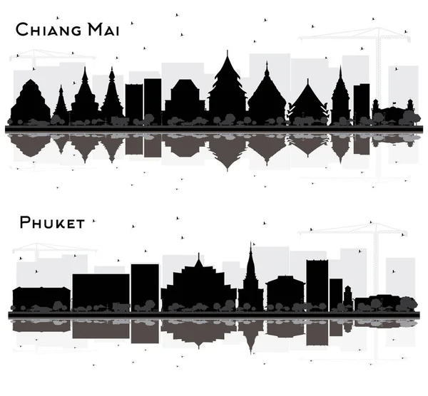 Phuket Chiang Mai Tailandia City Skyline Silhouettes Set Con Edificios —  Fotos de Stock