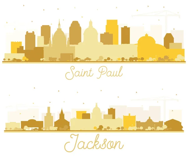 杰克逊密西西比和圣保罗明尼苏达州天际线轮廓设置与黄金建筑隔离在白色 具有历史建筑的旅游概念 具有地标的美国城市景观 — 图库照片