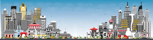 Gri Binalar ve Mavi Gökyüzü ile Tayvan City Skyline 'a hoş geldiniz. Tarihi Mimariyle Turizm Konsepti. Tarihi işaretli Tayvan şehri manzarası. Taipei 'de. Kaohsiung. Taichung. Tainan..