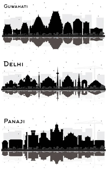 Guwahati, Delhi and Panaji India City Skylines Black and White Silhouette with Reflections. Simple Flat Concept for Tourism Presentation, Placard. Business Travel Concept. Cityscapes with Landmarks.