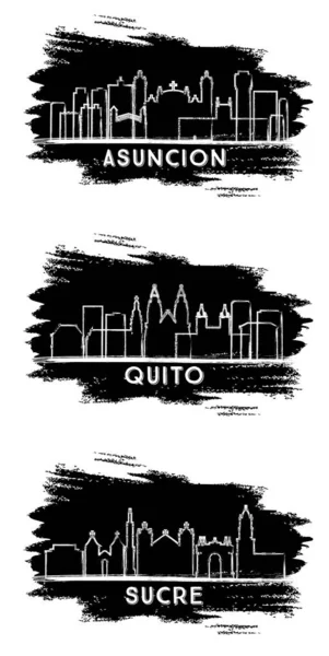 Assunção Paraguai Sucre Bolívia Quito Cidade Equador Skyline Silhouettes Set — Fotografia de Stock