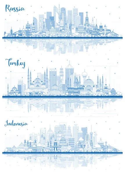Zarys Rosji Indonezji Turcji City Skylines Set Blue Buildings Reflections — Zdjęcie stockowe