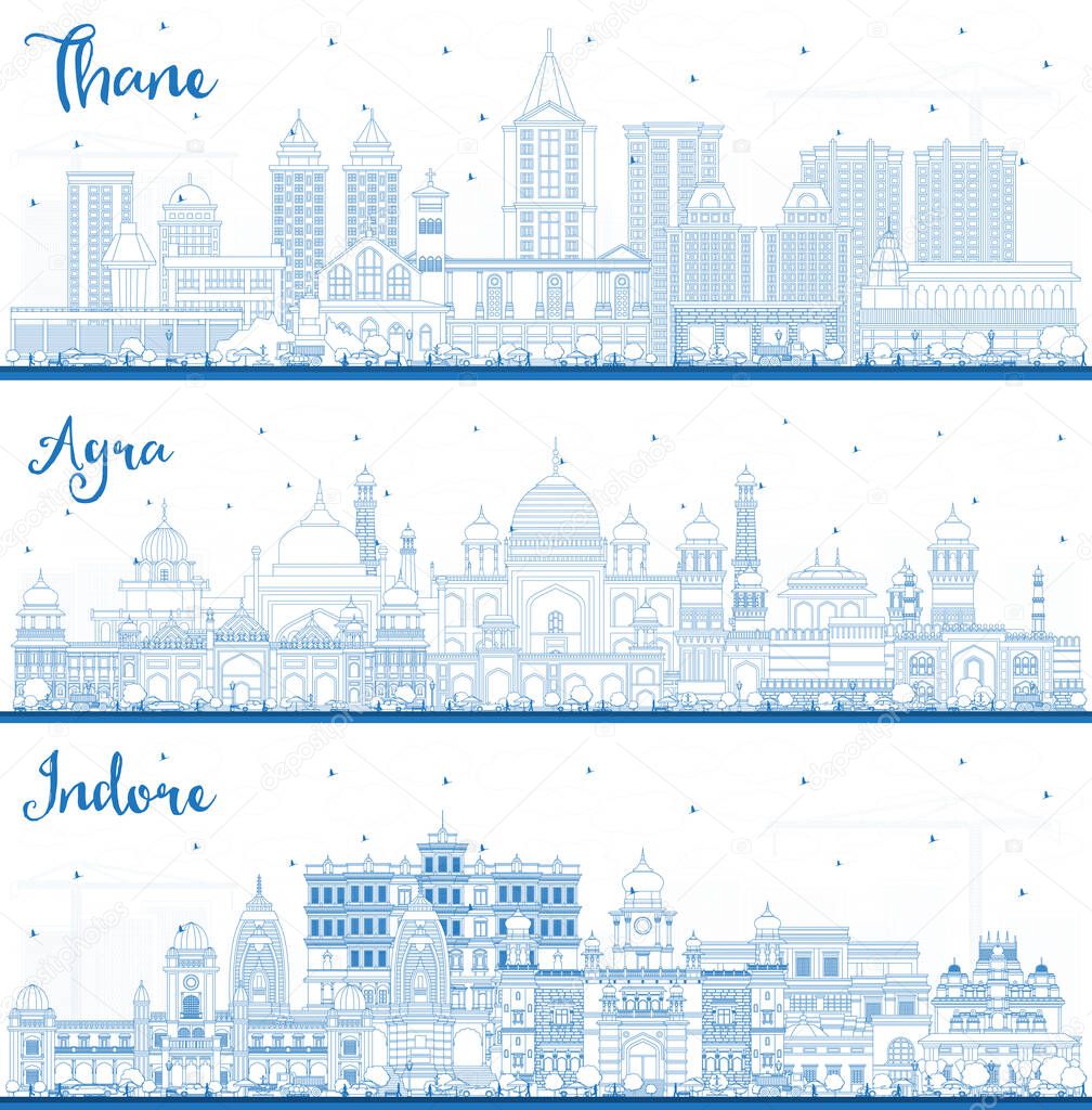 Outline Indore, Agra and Thane India City Skylines Set with Blue Buildings. Business Travel and Tourism Concept with Historic Architecture. Cityscapes with Landmarks.