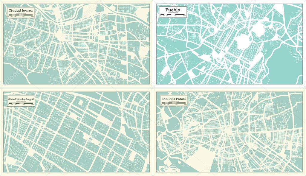 Ciudad Nezahualcoyotl, Puebla, San Luis Potosi and Ciudad Juarez Mexico City Maps Set in Retro Style. Outline Maps.