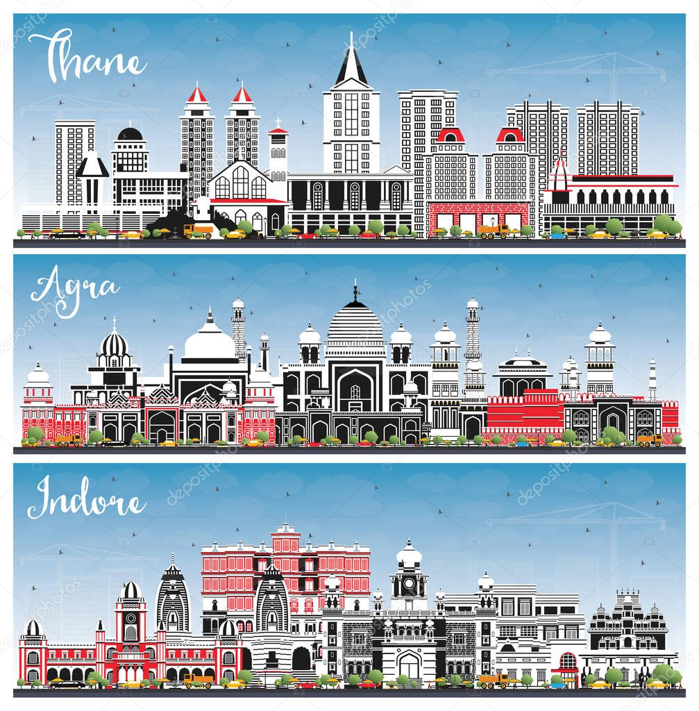 Agra, Indore and Thane India City Skylines Set with Color Buildings and Blue Sky. Business Travel and Tourism Concept with Historic Architecture. Agra Uttar Pradesh Cityscape with Landmarks.