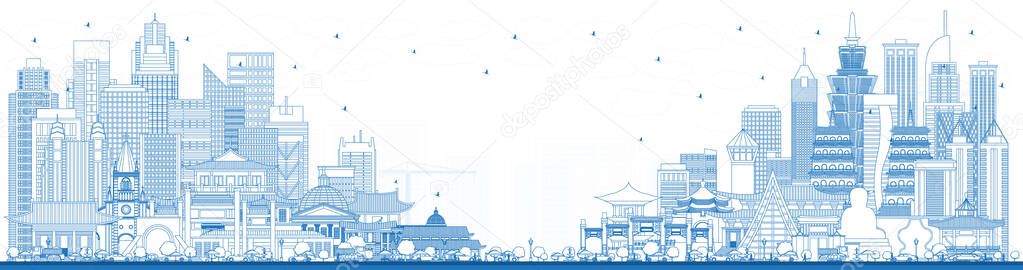 Outline Welcome to Taiwan City Skyline with Blue Buildings. Tourism Concept with Historic Architecture. Taiwan Cityscape with Landmarks. Taipei. Kaohsiung. Taichung. Tainan.