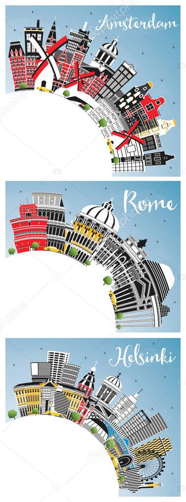 Amsterdam Holland, Helsinki Finland and Rome Italy City Skylines Set with Color Buildings, Blue Sky and Copy Space. Business Travel and Concept with Historic Architecture. Cityscapes with Landmarks.