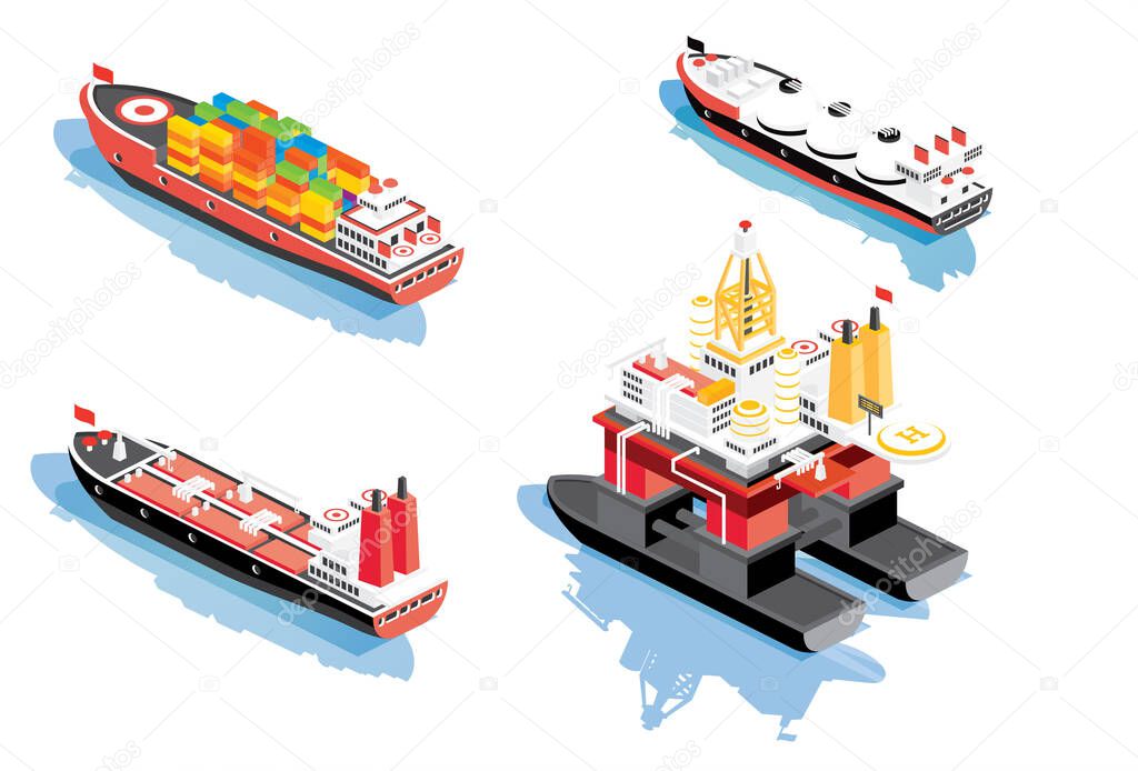 Isometric Oil Rig, Cargo Ship Container, LNG Carrier Ship and Oil Tanker Isolated on White. Shipping Freight Transportation.