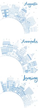 Lansing Michigan, Augusta Maine ve Annapolis Maryland City Skylines 'ı Blue Buildings ve Copy Space ile özetleyin. Tarihi Mimariyle İş Seyahati ve Turizm Konsepti. Şehir simgelerine sahip şehirler.