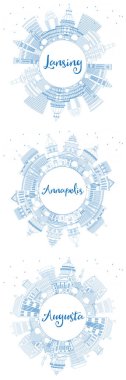 Lansing Michigan, Augusta Maine ve Annapolis Maryland City Skylines 'ı Blue Buildings ve Copy Space ile özetleyin. Tarihi Mimariyle İş Seyahati ve Turizm Konsepti. Şehir simgelerine sahip şehirler.