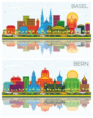 Bern ve Basel İsviçre 'nin Renkli Binalar, Mavi Gökyüzü ve Yansımalar ile Seti. Tarihi Mimariyle İş Seyahati ve Turizm Konsepti. Şehir simgelerine sahip şehirler.