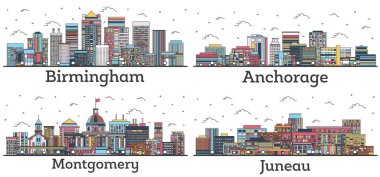 Birmingham ve Montgomery Alabama, Juneau ve Anchorage Alaska City Skyline ana hatlarıyla birlikte Renk Binaları beyaza izole edildi. Tarihi Simgeli ABD Şehir Manzaraları.
