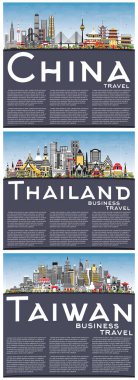 Tayvan, Tayland ve China City Skylines fotokopi uzayı ile ayarlandı. Ünlü simgeler. İş Seyahati ve Turizm Konsepti.
