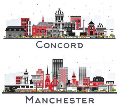 Manchester ve Concord New Hampshire City Skylines Set ve Gri Binalar White 'da izole edilmiş. Tarihsel ve Modern Mimarlık. Şehir simgelerine sahip şehirler.