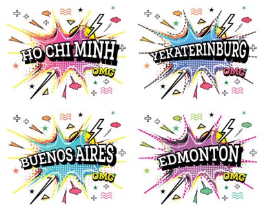 Buenos Aires, Yekaterinburg, Edmonton ve Ho Chi Minh Comic Set in Pop Art Stili Beyaz Arkaplanda İzole Edildi.