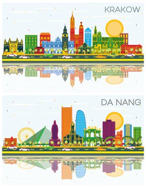 Da Nang Vietnam ve Krakow Polonya City Skylines Renk Binaları, Mavi Gökyüzü ve Yansımaları ile kurulmuştur. Tarihi Mimariyle İş Seyahati ve Turizm Konsepti. Şehir simgelerine sahip şehirler.