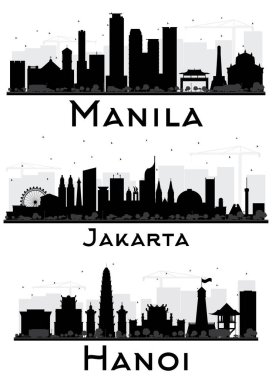 Jakarta Endonezya, Hanoi Vietnam ve Manila Filipinler Skyline siluetleri seti. Şehir simgelerine sahip şehirler