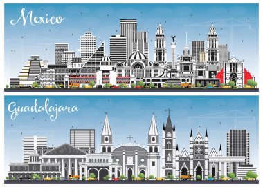 Guadalajara ve Mexico City Skylines Gray Buildings ve Blue Sky ile birlikte. Tarihi Mimariyle İş Seyahati ve Turizm Konsepti. Meksiko Şehir Manzarası