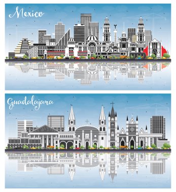 Guadalajara ve Mexico City Skylines ile Gray Buildings, Blue Sky ve Reflections. Şehir simgelerine sahip şehirler.