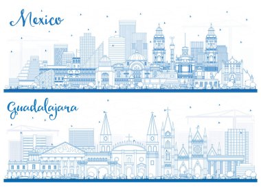 Ana hatlarıyla Guadalajara ve Mexico City Skylines ve Blue Buildings. Tarihi Mimariyle İş Seyahati ve Turizm Konsepti. Meksiko Şehir Manzarası.