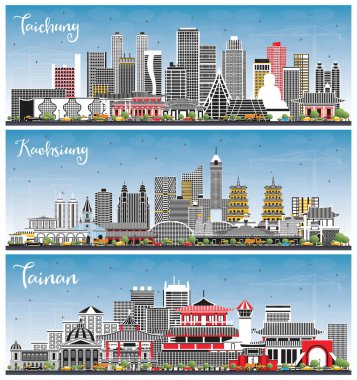 Kaohsiung, Tainan, Taichung Taiwan City Skylines Gri Binalar ve Mavi Gökyüzü. Tarihi Mimariyle Seyahat ve Turizm Konsepti. Şehir simgelerine sahip şehirler. 