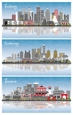 Kaohsiung, Tainan ve Taichung Taiwan City Skylines. Gri Binalar, Mavi Gökyüzü ve Yansımaları ile Seti. Tarihi Mimariyle Seyahat ve Turizm Konsepti. Şehir simgelerine sahip şehirler. 