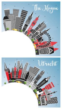 Lahey ve Utrecht Hollanda City Skylines, Renkli Binalar, Mavi Gökyüzü ve Kopya Uzayı ile kurulmuştur. Tarihi Mimariyle İş Seyahati ve Turizm Konsepti.