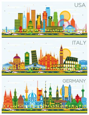 Renkli Gökdelenler ve Simgeler ile İtalya, Almanya ve USA City Skylines Set. Şehir simgelerine sahip şehirler.