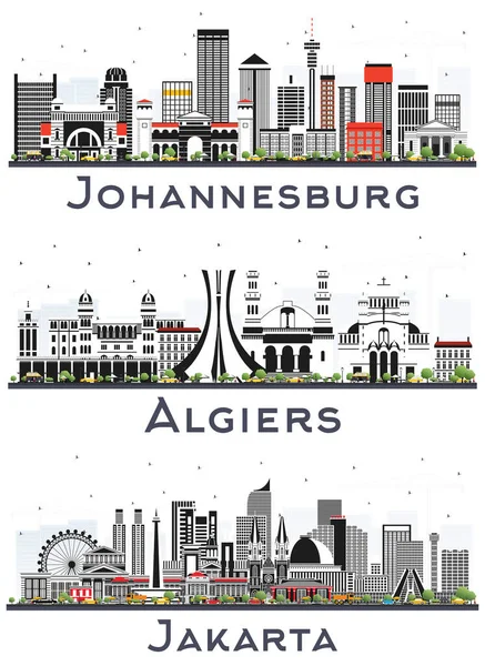 约翰内斯堡南非 雅加达印度尼西亚和阿尔及尔阿尔及利亚城市天际线 灰色建筑与白色隔离 商务旅行和旅游概念与现代建筑 具有地标的城市景观 — 图库照片