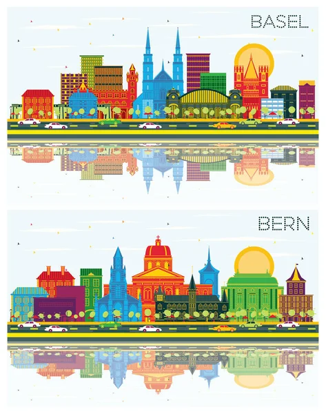 Berna Basilea Suiza City Skylines Set Con Edificios Color Cielo — Foto de Stock