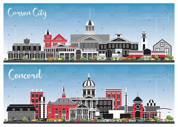 Concord New Hampshire Carson City Nevada City Skylines Zestaw Kolorowymi — Zdjęcie stockowe