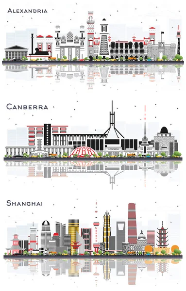 Alejandría Egipto Shanghai China Canberra Australia City Skylines Set Con —  Fotos de Stock
