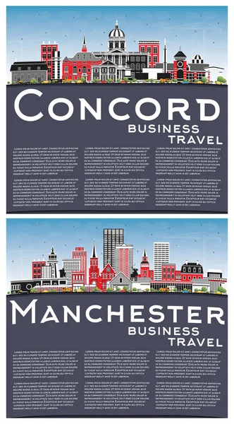 Manchester and Concord New Hampshire City Skylines Set with Gray Buildings, Blue Sky and Copy Space. Business Travel and Tourism Concept with Historic and Modern Architecture.