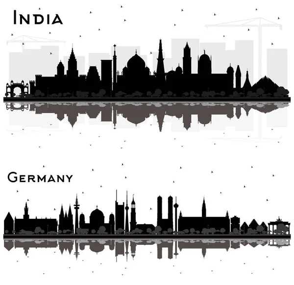 Conjunto Siluetas Skyline Alemania India City Con Edificios Negros Reflexiones —  Fotos de Stock