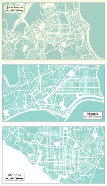 Manaus Maceio Joao Pessoa Brazil City Maps Set Retro Style — 스톡 사진
