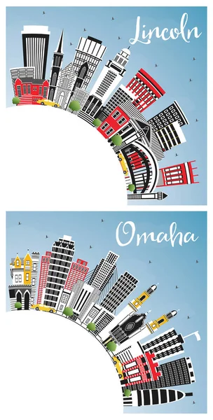 Omaha Und Lincoln Nebraska City Skylines Mit Farbigen Gebäuden Blauem — Stockfoto