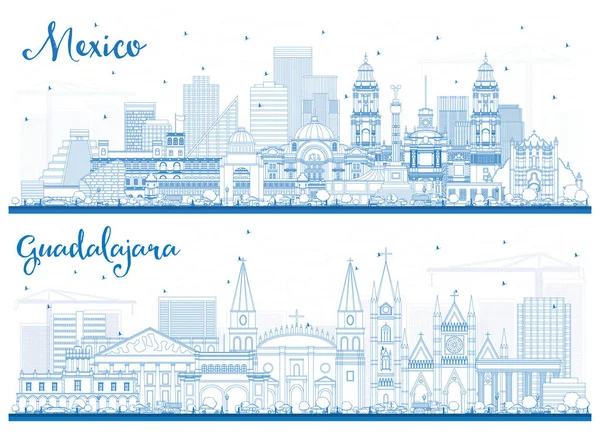 Outline Guadalajara and Mexico City Skylines Set with Blue Buildings. Business Travel and Tourism Concept with Historic Architecture. Mexico Cityscape with Landmarks.