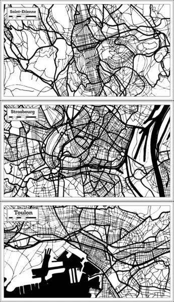 斯特拉斯堡 土伦和圣埃蒂安法国地图设置为黑色和白色 概要图 — 图库照片