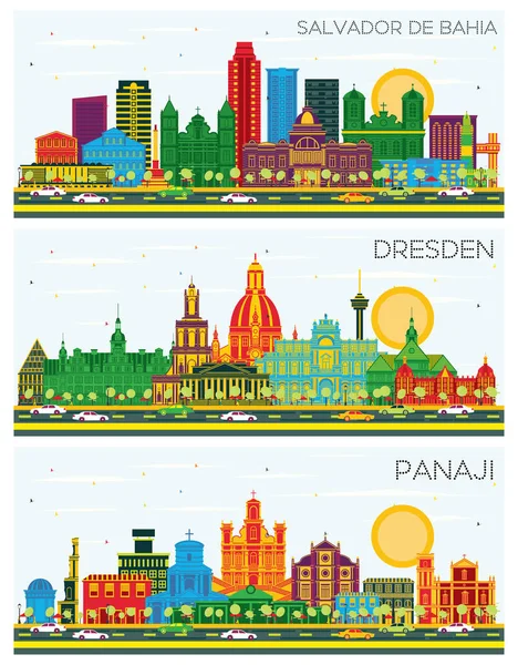 Panaji India Dresden Germany Salvador Bahia Brazylia City Skylines Set — Zdjęcie stockowe