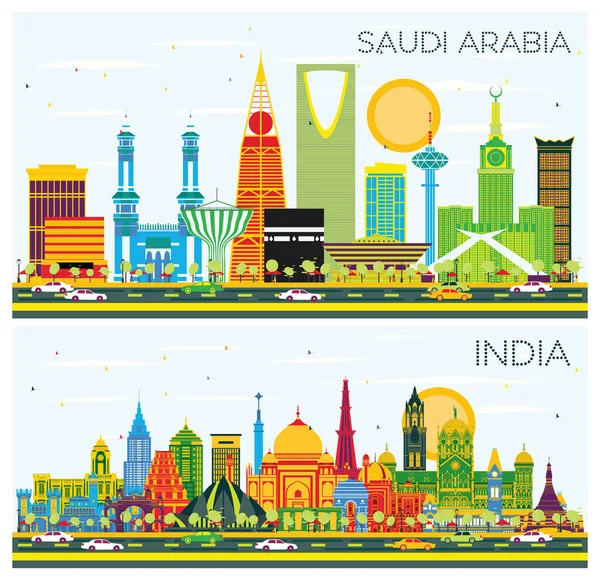 India Arabia Saudita City Skylines Set Con Hitos Color Cielo —  Fotos de Stock