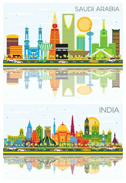 India Saudi Arabia City Skylines Set Color Landmarks Reflections Inglés — Foto de Stock