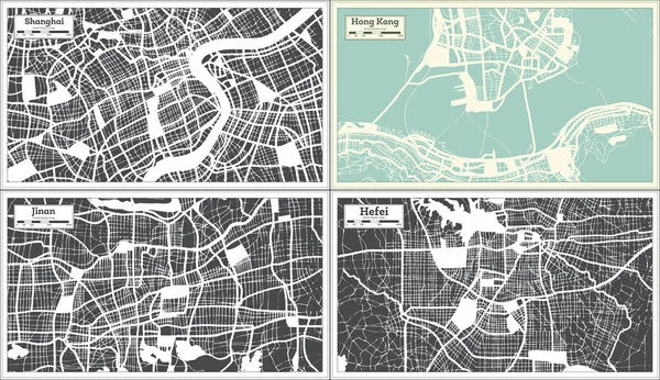 Hong Kong, Jinan, Hefei and Shanghai China City Maps Set in Retro Style. Outline Map.