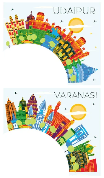 Varanasi Und Udaipur India City Skylines Set Mit Farbigen Gebäuden — Stockfoto