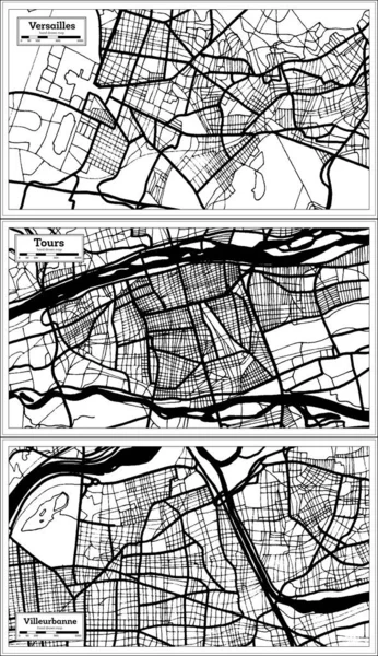 Tours Villeurbanne Versailles France City Maps Set Black White Color — стоковое фото