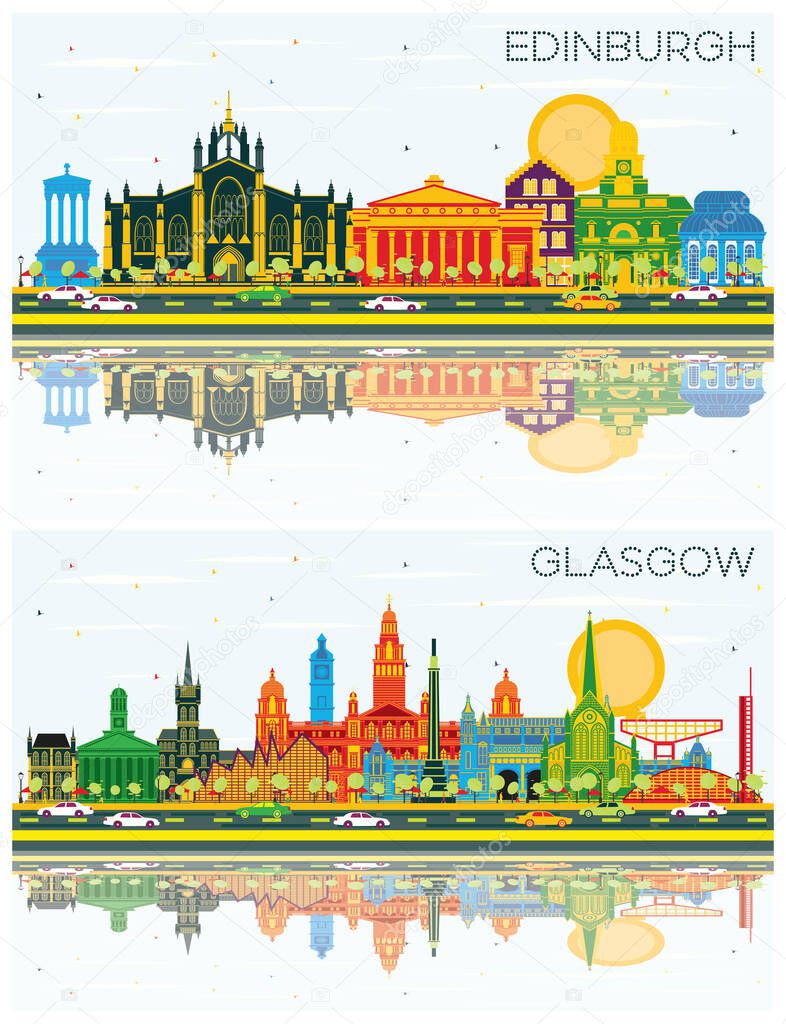 Glasgow and Edinburgh Scotland City Skylines Set with Color Buildings, Blue Sky and Reflections. Cityscapes with Landmarks.