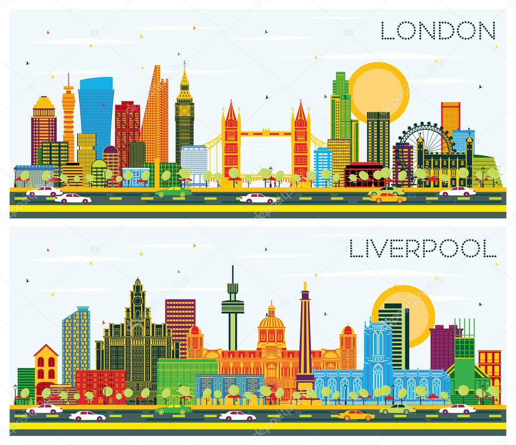 Liverpool and London City Skylines Set with Color Buildings and Blue Sky.