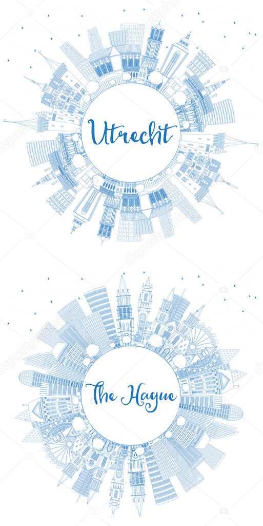 Outline The Hague and Utrecht Netherlands City Skylines Set with Blue Buildings and Copy Space. Business Travel and Tourism Concept. Cityscapes with Landmarks.