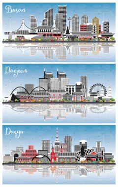 Daejeon, Daegu ve Busan Güney Kore Skylines Renk Binaları, Mavi Gökyüzü ve Yansımaları ile Seti. Tarihi ve Modern Mimariyle İş Seyahat ve Turizm Konsepti.