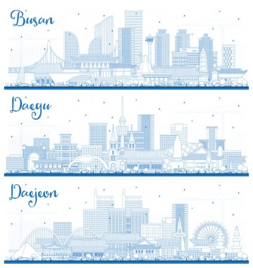 Daegu, Daejeon ve Busan Güney Kore 'nin mavi binalarla çevrili Skylines ana hatları. Tarihi ve Modern Mimariyle İş Seyahat ve Turizm Konsepti.