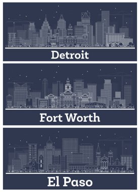 Fort Worth, El Paso Texas ve Detroit Michigan City Skylines set ile White Buildings. Tarih Mimarisi kavramı. Şehir simgelerine sahip şehirler.